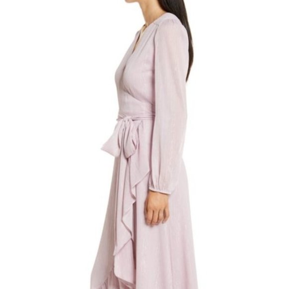 WAYF Lilac Purple The Meryl Sleeve Metallic Chiffon Wrap Dress Size XL - Picture 3 of 12